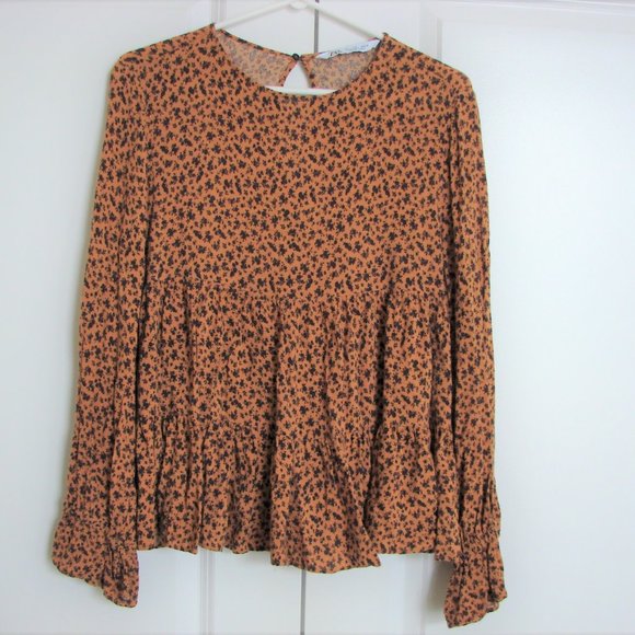 Zara Floral Boho Peasant Long Sleeve Blouse Top